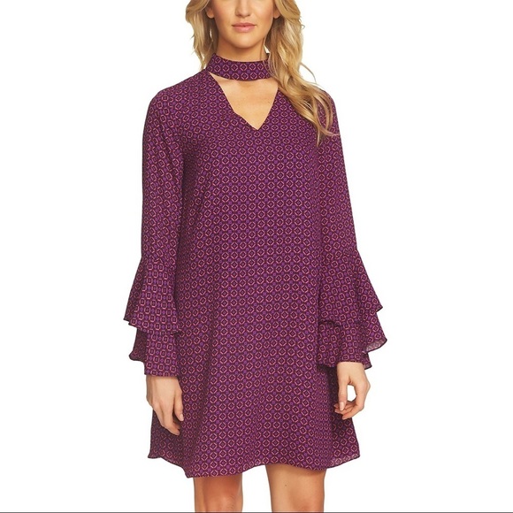 CeCe Purple and Pink Geo Print Bell Sleeves Mock Neck Choker Dress Size 2 - Picture 1 of 12